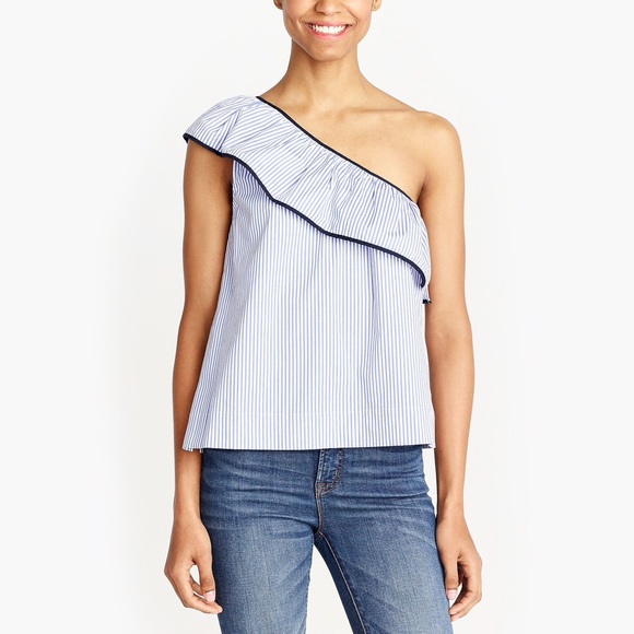 J. Crew Factory Tops - New! J. Crew Blue Striped One-Shoulder Ruffle Top